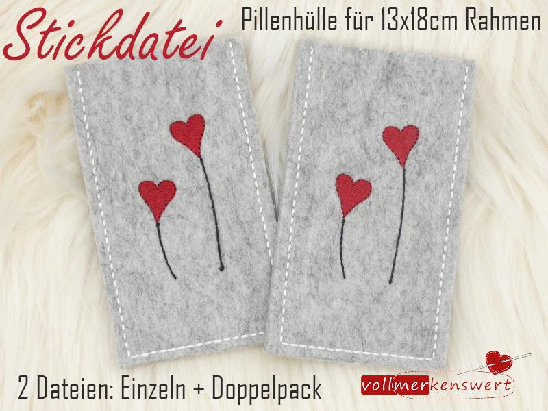 2 ITH-Stickdateien Pillenhülle mit Herzen am Band für 13x18er Rahmen S503-02